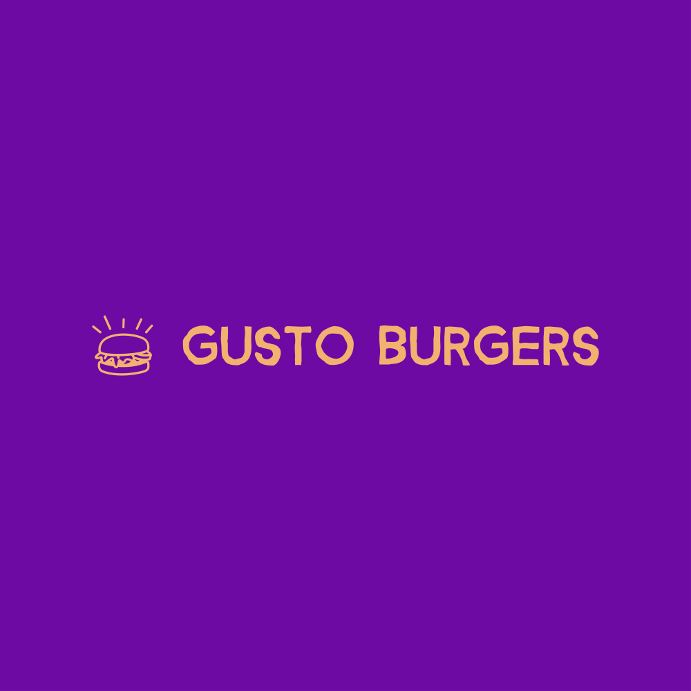 Logo for Gusto Burgers with a burger icon on a purple background.