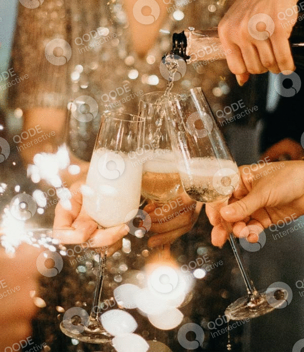 People toasting with champagne glasses and sparklers in a festive celebration.