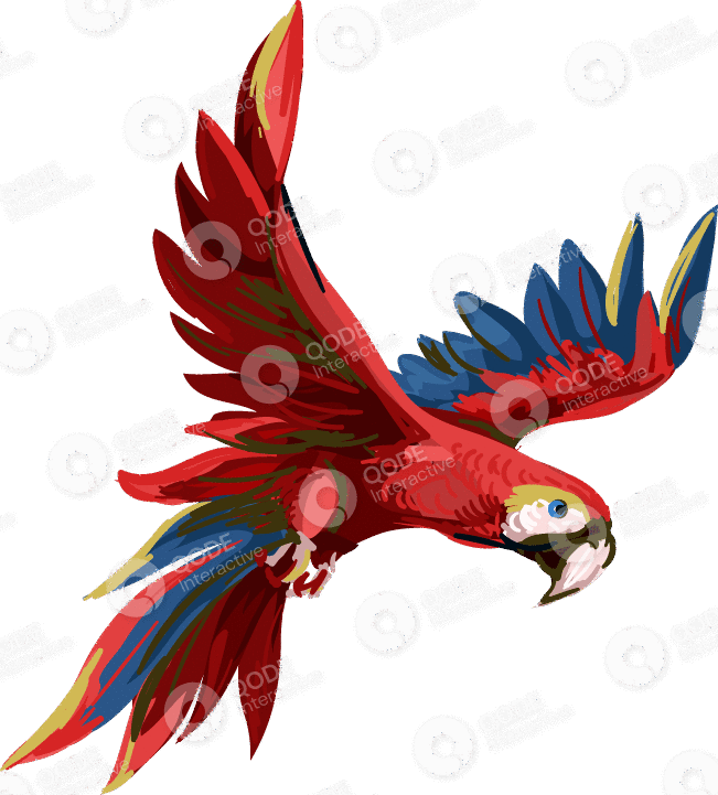 A colorful, animated parrot with vibrant feathers and spread wings.