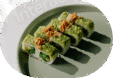 Four green sushi rolls with crunchy toppings on a white plate.