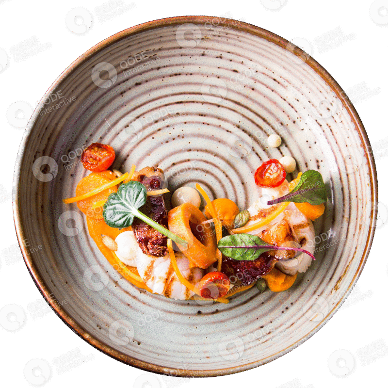 Artistic seafood dish beautifully plated with vibrant garnishes on a ceramic plate.