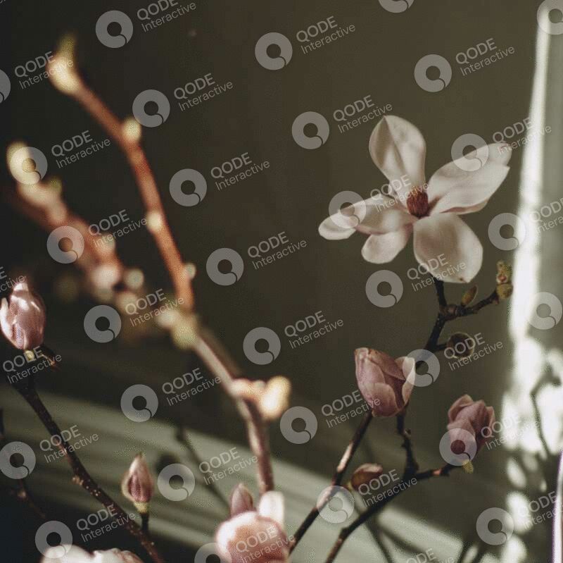 Soft pink blossoms on delicate branches against a dark background.