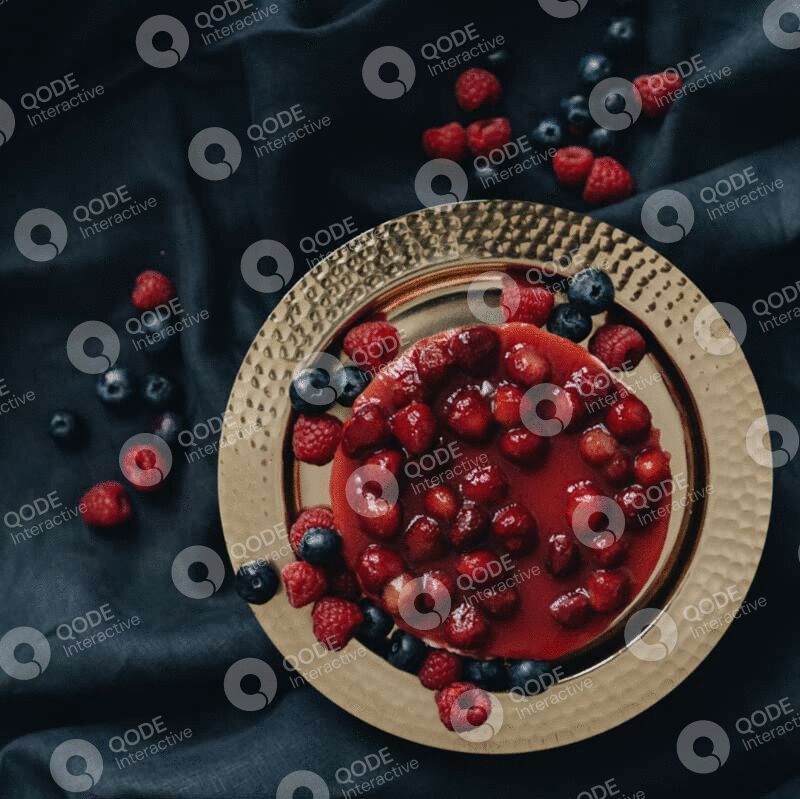 A bowl of mixed berries on a wooden board with scattered berries on a dark cloth.