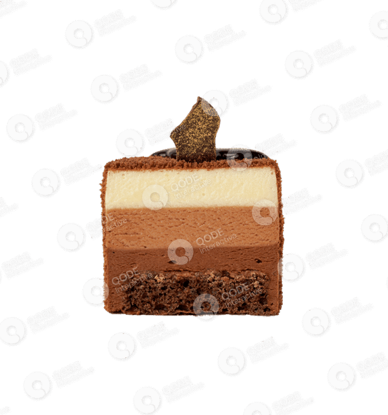 A layered chocolate and caramel mousse cake topped with a chocolate decoration.