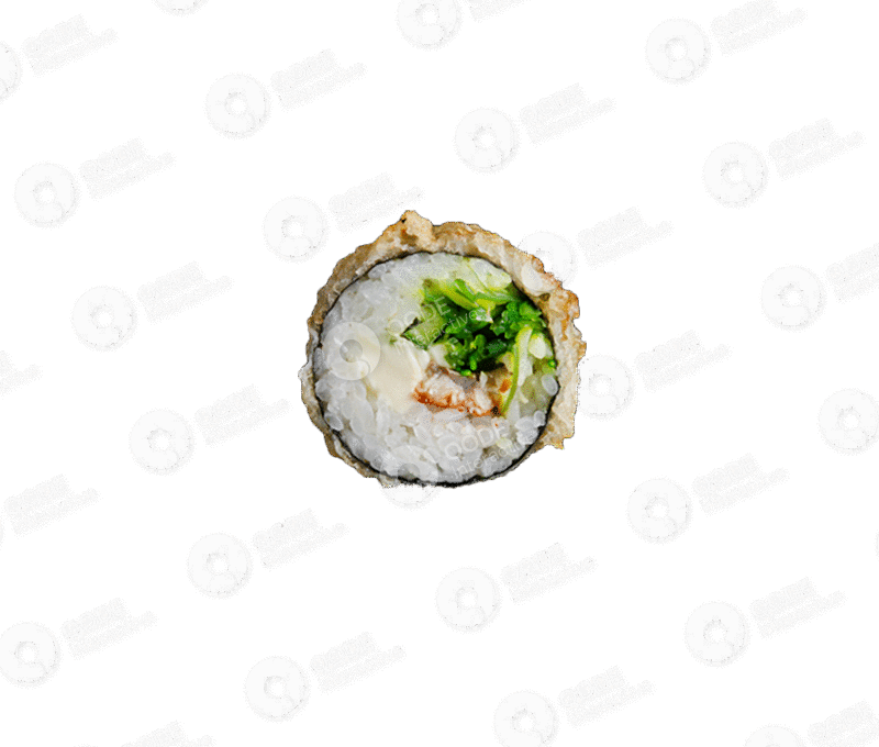 A sushi roll with rice, avocado, and shrimp on a branded black background.