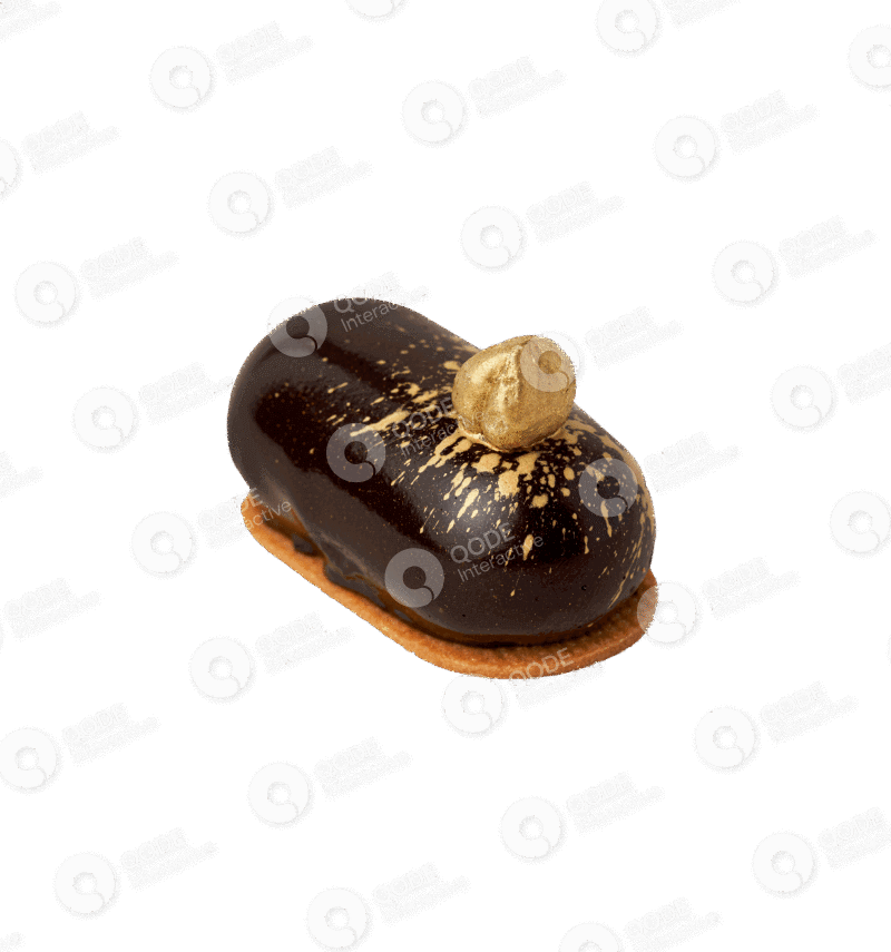 A glossy chocolate dessert topped with a hazelnut on an oval base.