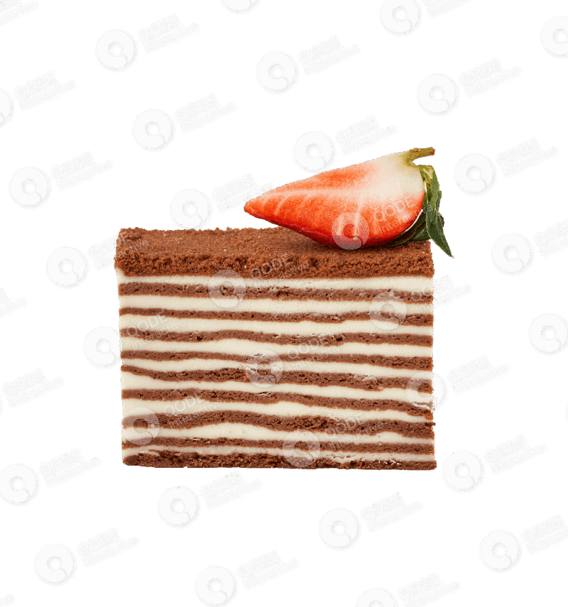 A slice of layered chocolate and cream cake topped with a strawberry.