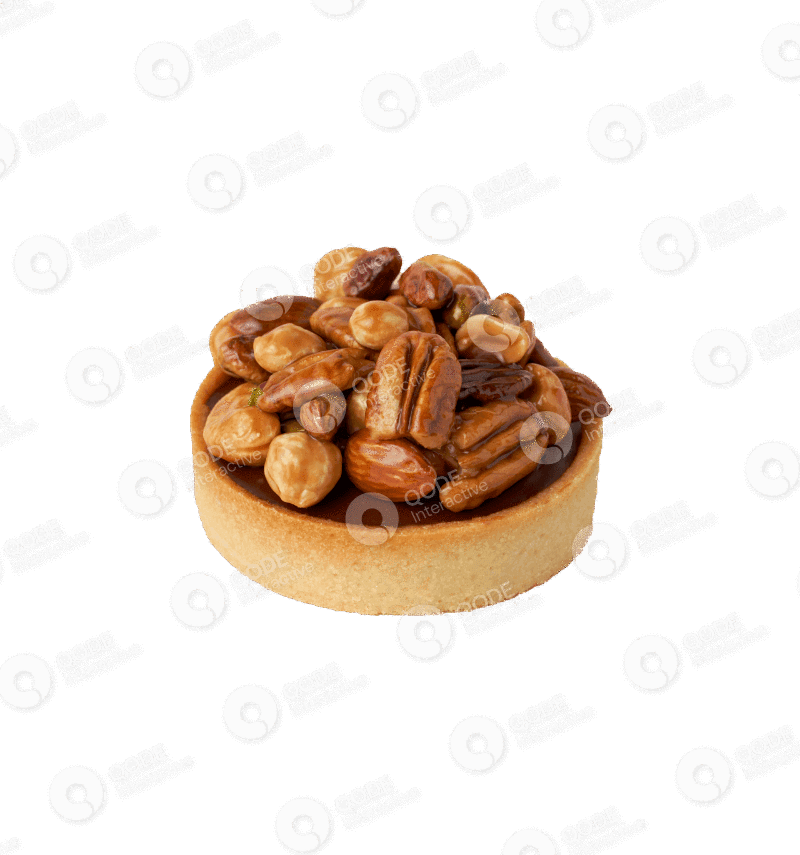 A pecan tart topped with whole pecans.