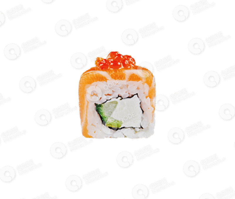 A sushi roll topped with salmon and fish roe.
