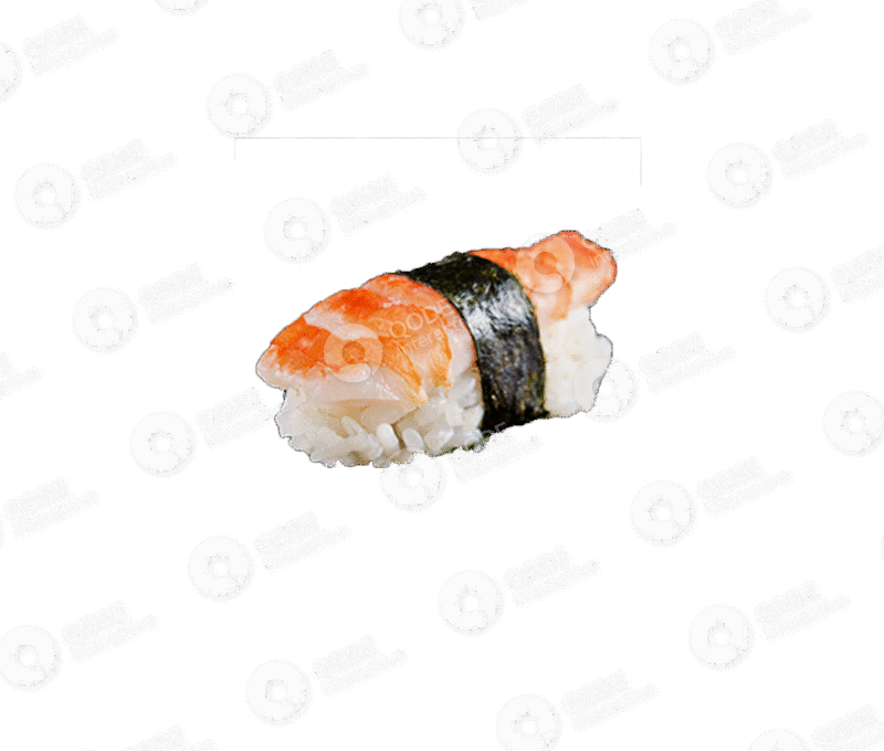 Piece of shrimp nigiri sushi with seaweed on top.