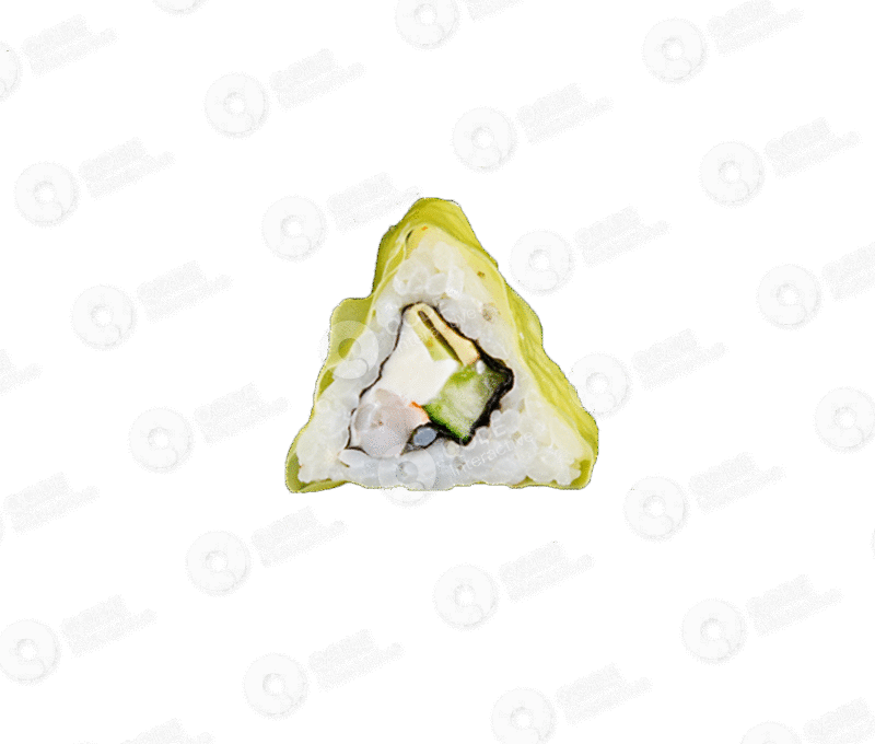 Close-up of a sushi piece with avocado and cucumber.