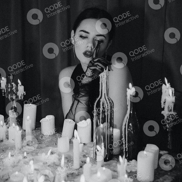 A woman in black gloves surrounded by lit candles in a dark, moody setting.