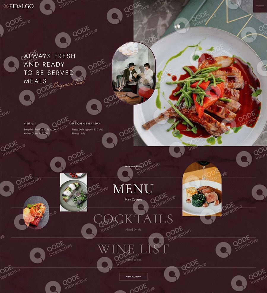 A stylish menu layout with dishes and wine list on a dark background.