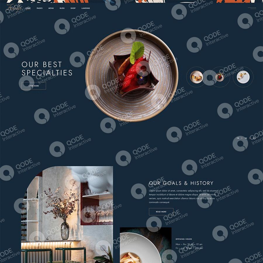 Elegant restaurant menu page featuring a gourmet dish and stylish interior.
