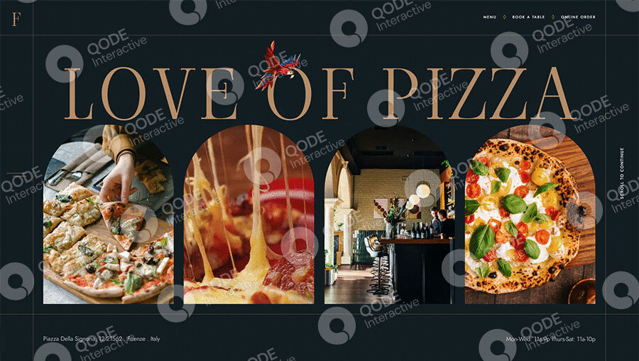 A vibrant pizza restaurant interior with delicious pizza images.