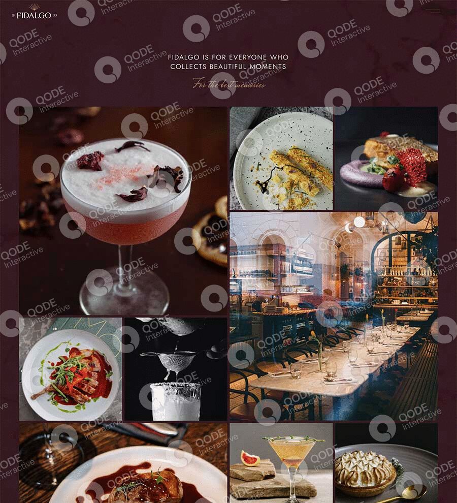 A collage of diverse gourmet dishes and a cocktail in a stylish restaurant.