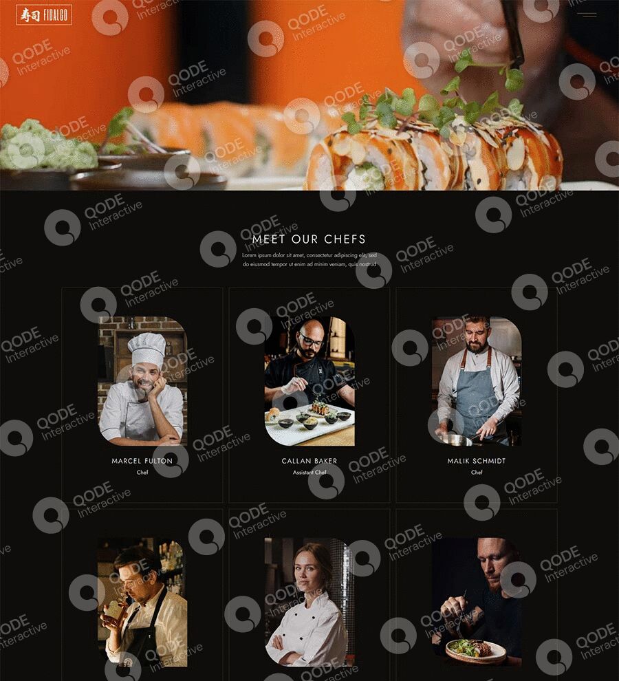 Elegant black menu with sushi images and chef portraits for a Japanese restaurant.
