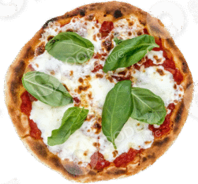 A Margherita pizza topped with fresh basil leaves.