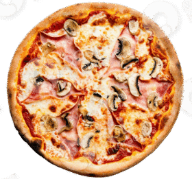 A delicious pizza topped with ham, mushrooms, and melted cheese.