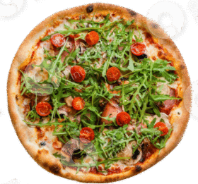 Delicious pizza topped with arugula, cherry tomatoes, and cheese.