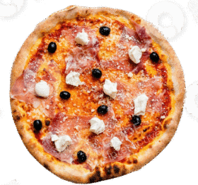 A delicious pizza topped with ham, olives, and cheese.