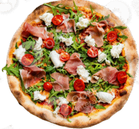 Fresh pizza topped with arugula, cherry tomatoes, and prosciutto.