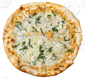 A cheese pizza garnished with fresh herbs, sliced into six pieces.