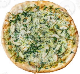 A green vegetable pizza with herbs and cheese.