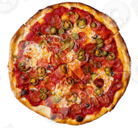 A delicious pepperoni pizza topped with jalapeños and melted cheese.