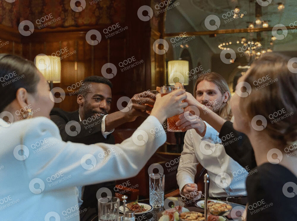 Friends clinking glasses in a warm celebration.