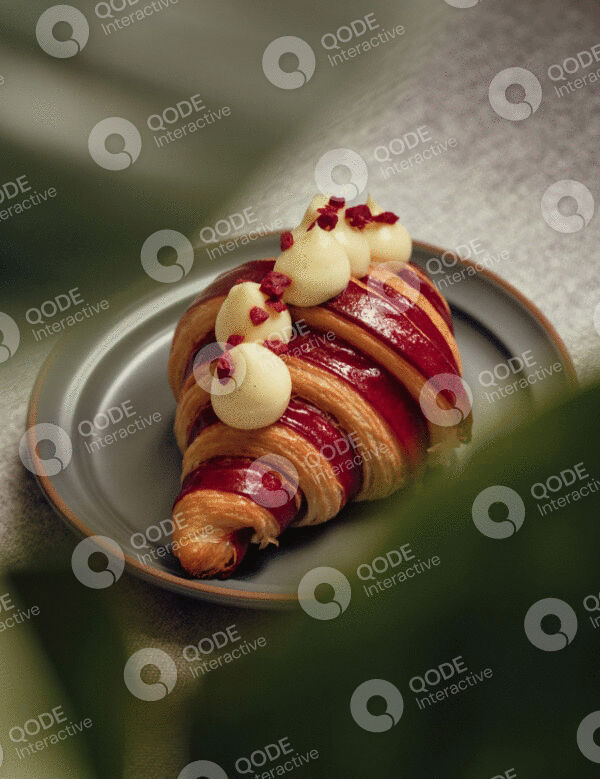 Gourmet croissant topped with cream and pomegranate seeds on a plate.