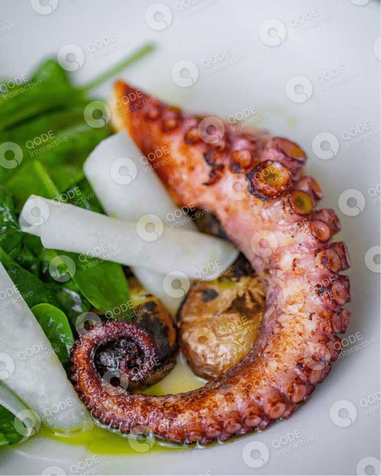 Grilled octopus tentacle served with vegetables and potatoes.