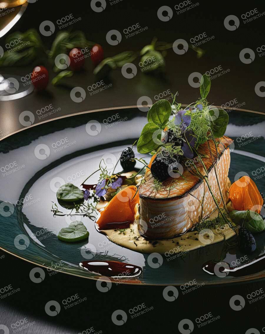 Elegant gourmet dish with fish, microgreens, and colorful sauce on a dark plate.