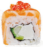 Close-up of a sushi roll with salmon and avocado.