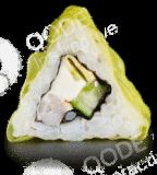 A close-up of a triangular sushi piece with avocado and cream cheese.