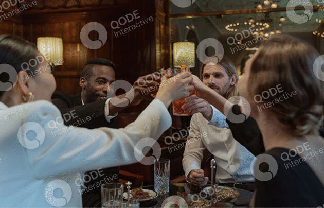 Group of friends toasting with drinks at a cozy bar.