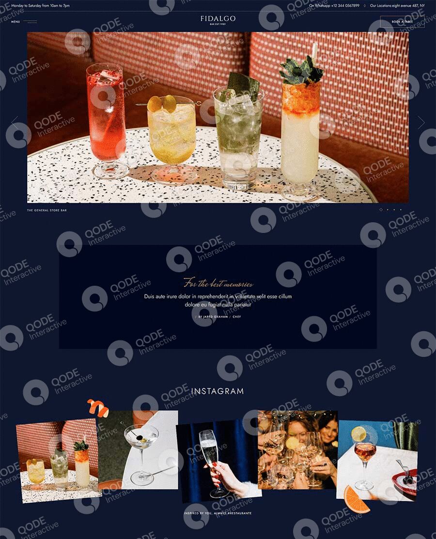 Four colorful cocktails on a bar counter with a bartender preparing drinks below.