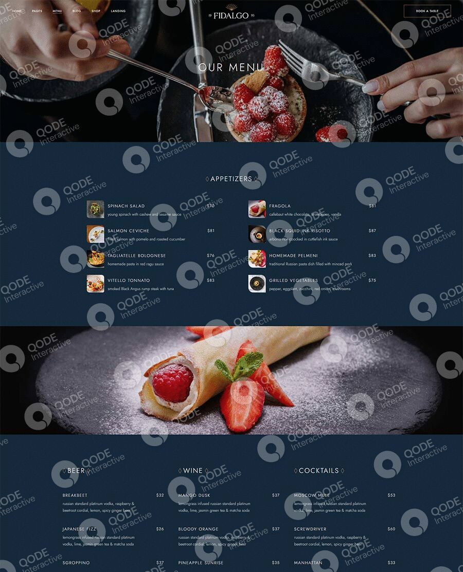 A hand decorates a strawberry dessert with chocolate sauce and hazelnuts.