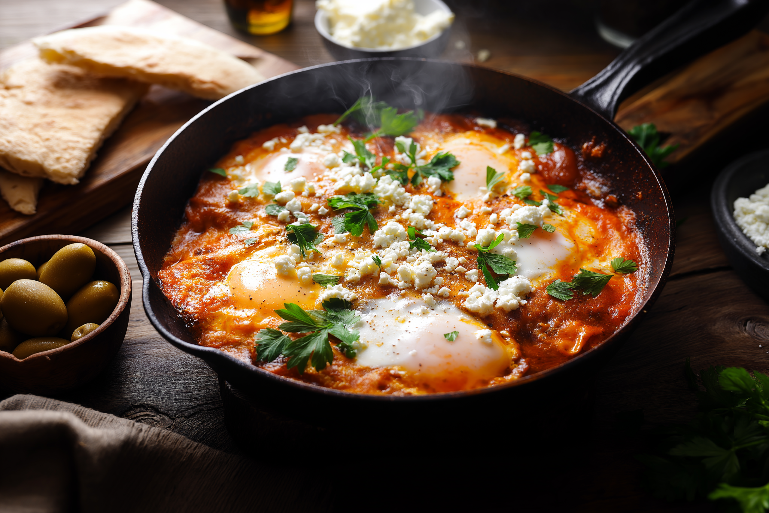 Skillet shakshuka with eggs and herbs.