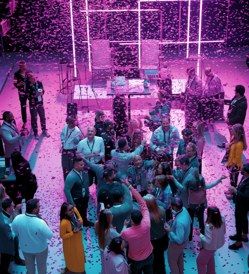 A lively party scene with people dancing and confetti falling.