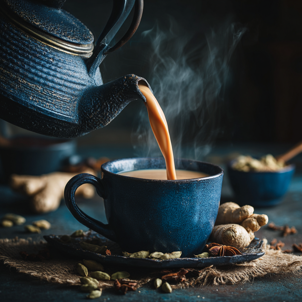 Tea pouring into a blue cup from a kettle, surrounded by spices.